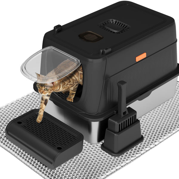 Citylife XL Stainless Steel Cat Litter Box with Lid, Extra Large Enclosed Removable Metal Litter Tray with Litter Scoop&Double Layer Litter Mat, Non-Sticky, Non-Odor, Easy Cleaning, for Big Cats