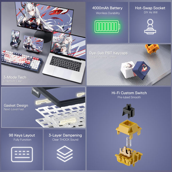 Redragon K686 PRO 98 Keys Wireless Gasket RGB Gaming Keyboard, 3-Modes Anime Mechanical Keyboard w/Hot-Swap Socket, Dedicated Knob Control & Sound Absorbing Pads, Custom Hi-Fi Linear Switch