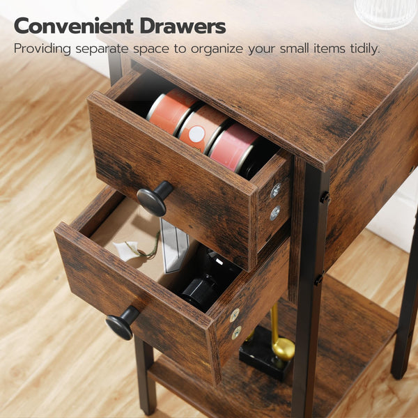 HOOBRO Narrow Bedside Table Set of 2, Slim Bedside Table, Telephone Table with 2 Drawers, Tall Side Table with Metal Frame, Small Nightstand with Open