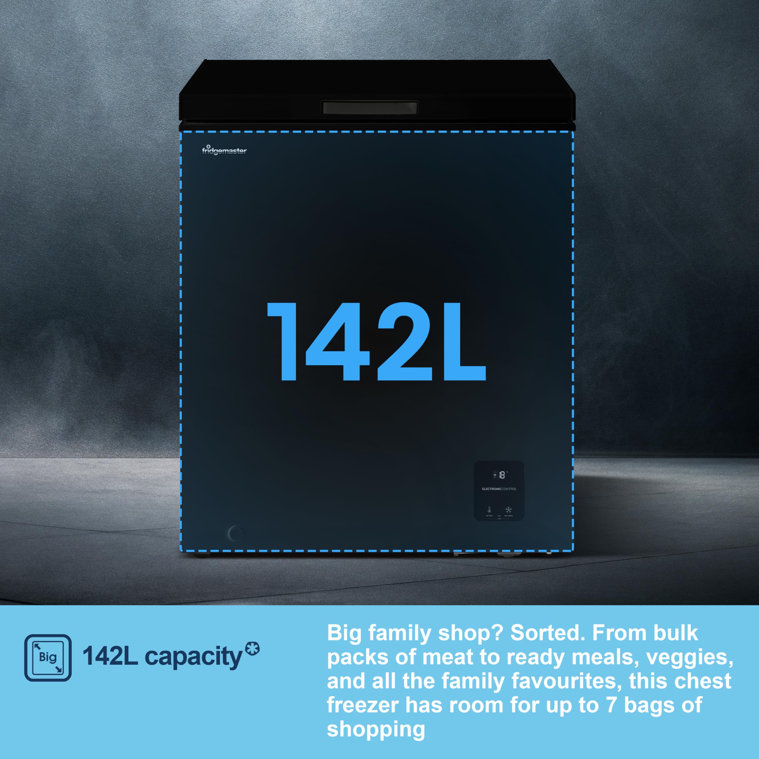 Fridgemaster MCF142EB 142L Chester Freezer 4 Star Freezer Rating - 55.9D x 62.5W x 85.4H cm Black with Recessed Handle - E Rated