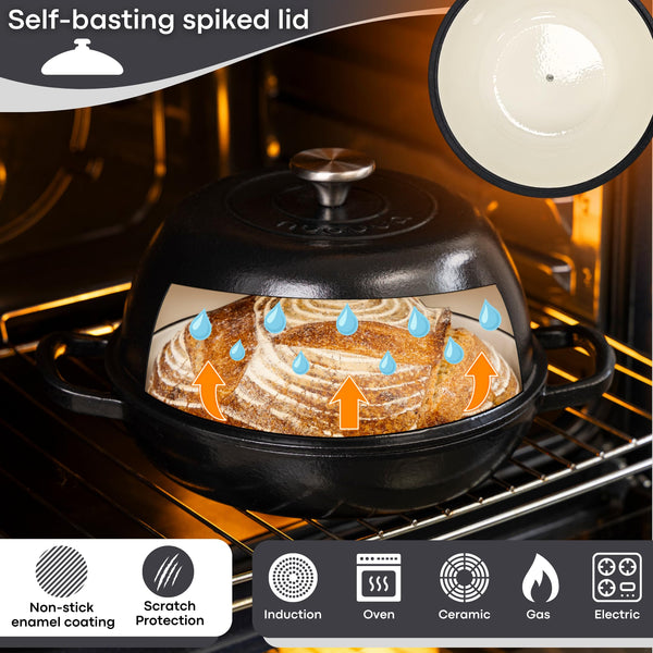 Enamelled Cast Iron Dutch Oven Pot  Dutch Oven For Sourdough Bread Baking  Cast Iron Bread Pot  Black, 6 Quarts, 22cm  by Nuovva