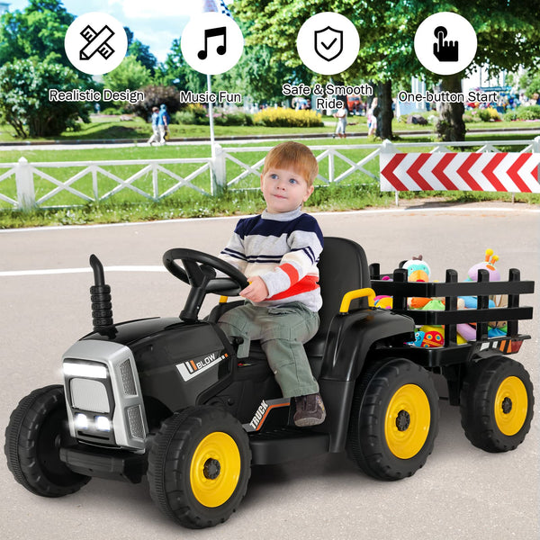 COSTWAY Ride on Tractor and Trailer, 12V Battery Powered Electric Kids Toy Car with Remote Control, LED Lights, USB & Bluetooth Music, Four Wheels Ride on Toys for Children Ages 3+(Dark Green)
