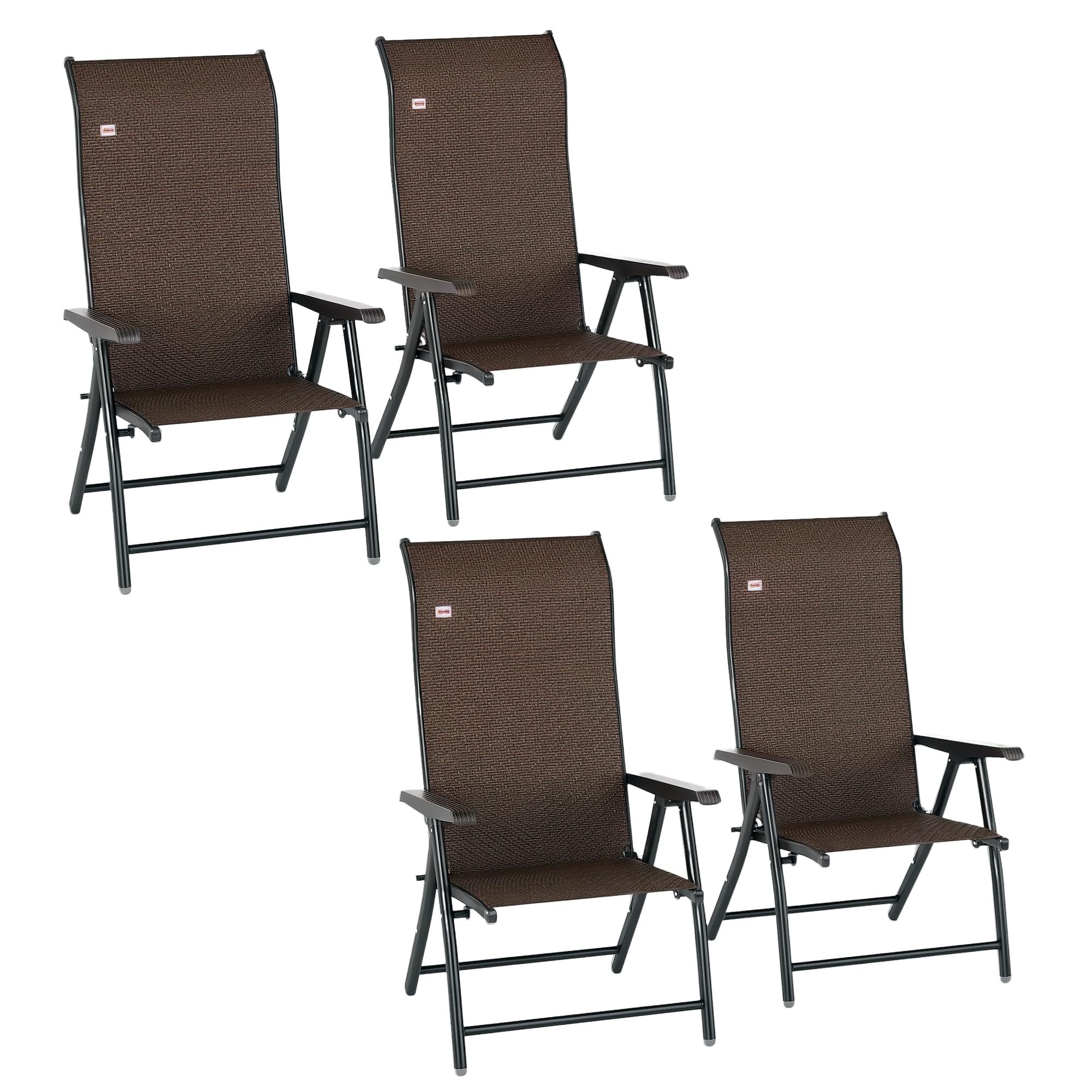 Outsunny Set of 2 Outdoor Wicker Folding Chairs, Patio PE Rattan Dining Armrests Chair set with 7 Levels Adjustable Backrest, for Outdoors, Camping, Brown