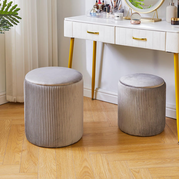 IBUYKE Set of 2 Round Ottoman with Storage, Velvet Vanity Stool for Makeup, Modern Padded Seat Coffee Table, Multipurpose Footrest Stool for Living