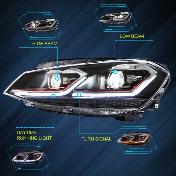 VLAND Headlights Compatible with Golf 7 MK7 TDI TSI 2013-2017, Front Lights with Sequential Indicator, Red Line Headlamps