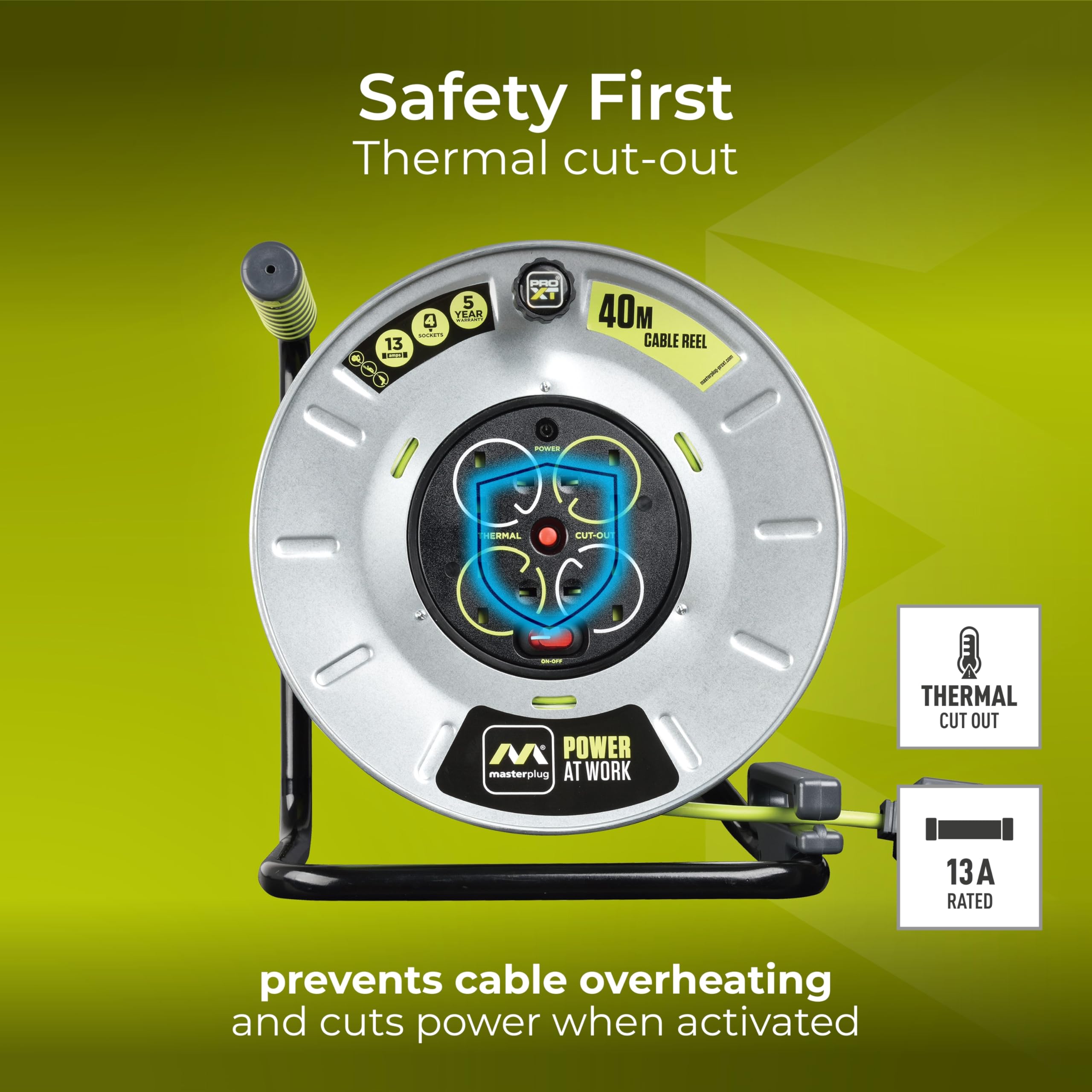 Masterplug Pro-XT Four Socket Open Cable Reel Extension Lead with Winding Handle, Thermal Cut Out and Power Switch, 25 Metres High Visibility Cable , Green