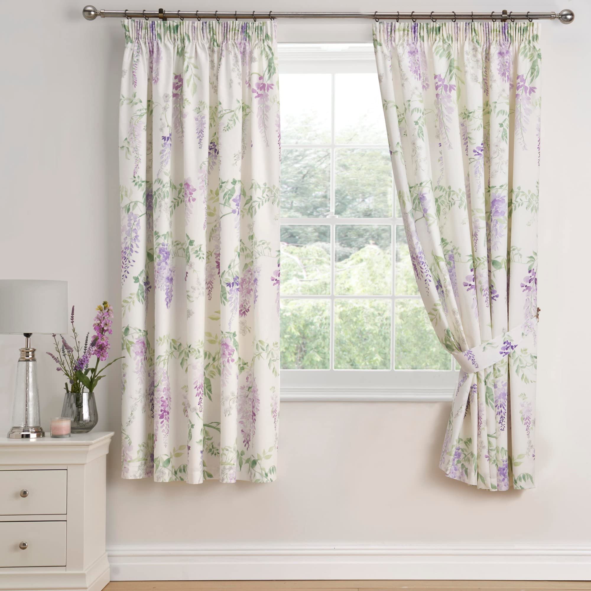 Dreams & Drapes - Wisteria Purple Floral Curtains W66 x L72" (168 x 183cm) - Botanical Pencil Pleated Curtains - Lilac Flower Curtains - Spring