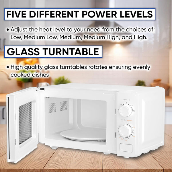 Cello 800W Microwave Oven with 20 Litre Capacity 5 Power levels and defrost function, White, Manual control, Clock kitchen timer WEMA10