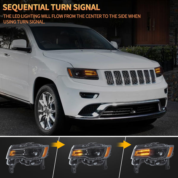 VLAND Full LED Headlights compatible with Grand Cherokee WK2 2014-2021,w/Startup dynamic display & Sequential Indicator, For Right hand drive - Black Housing