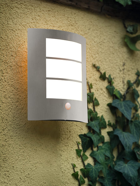 Eglo City Outdoor Motion Sensor Wall Light, White and Silver Stainless Steel External Porch Lighting, Exterior Lamp, E27 Socket, IP44