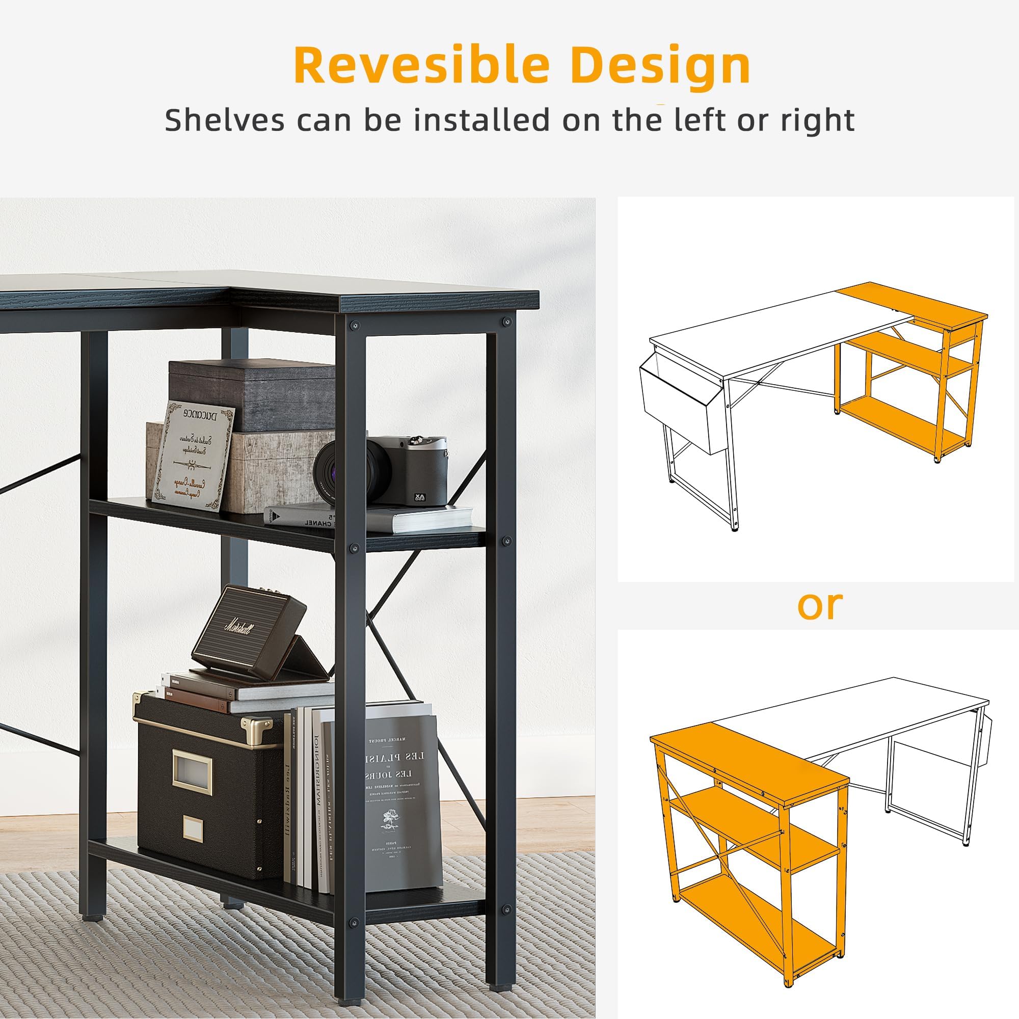 BEXEVUE L Shaped Gaming Desk, 100x70 cm Computer Desk with Storage Bag, Office Desk Small Writing Table with Large Reversible Storage Shelves, Workstation for Study Play Work Home Office, Black