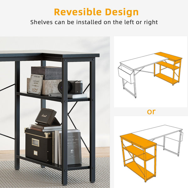 BEXEVUE L Shaped Gaming Desk, 100x70 cm Computer Desk with Storage Bag, Office Desk Small Writing Table with Large Reversible Storage Shelves, Workstation for Study Play Work Home Office, Black