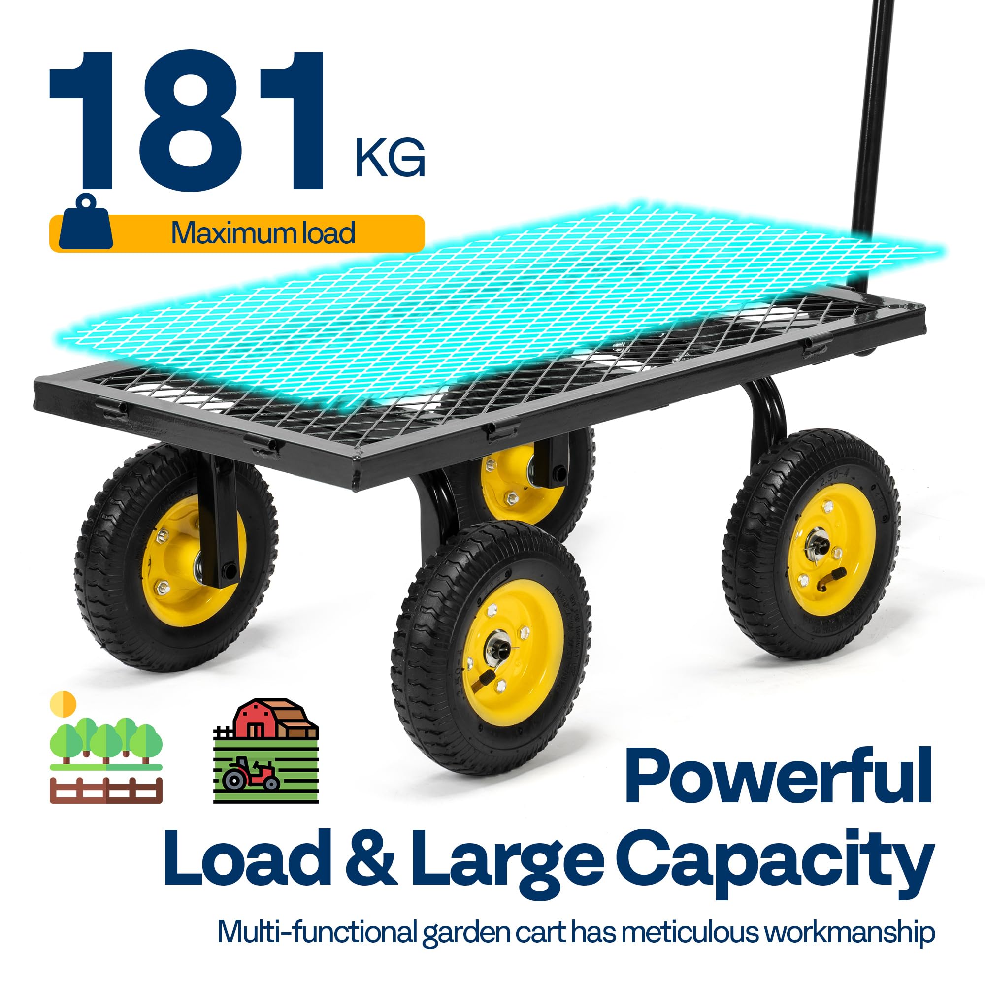 VIVOHOME Hand Trolley 400kg Capacity Durable Transport Cart with 10cm Pneumatic Tires and 180° Rotatable 80cm Handle Heavy Duty Metal Grids for Garden and Camping