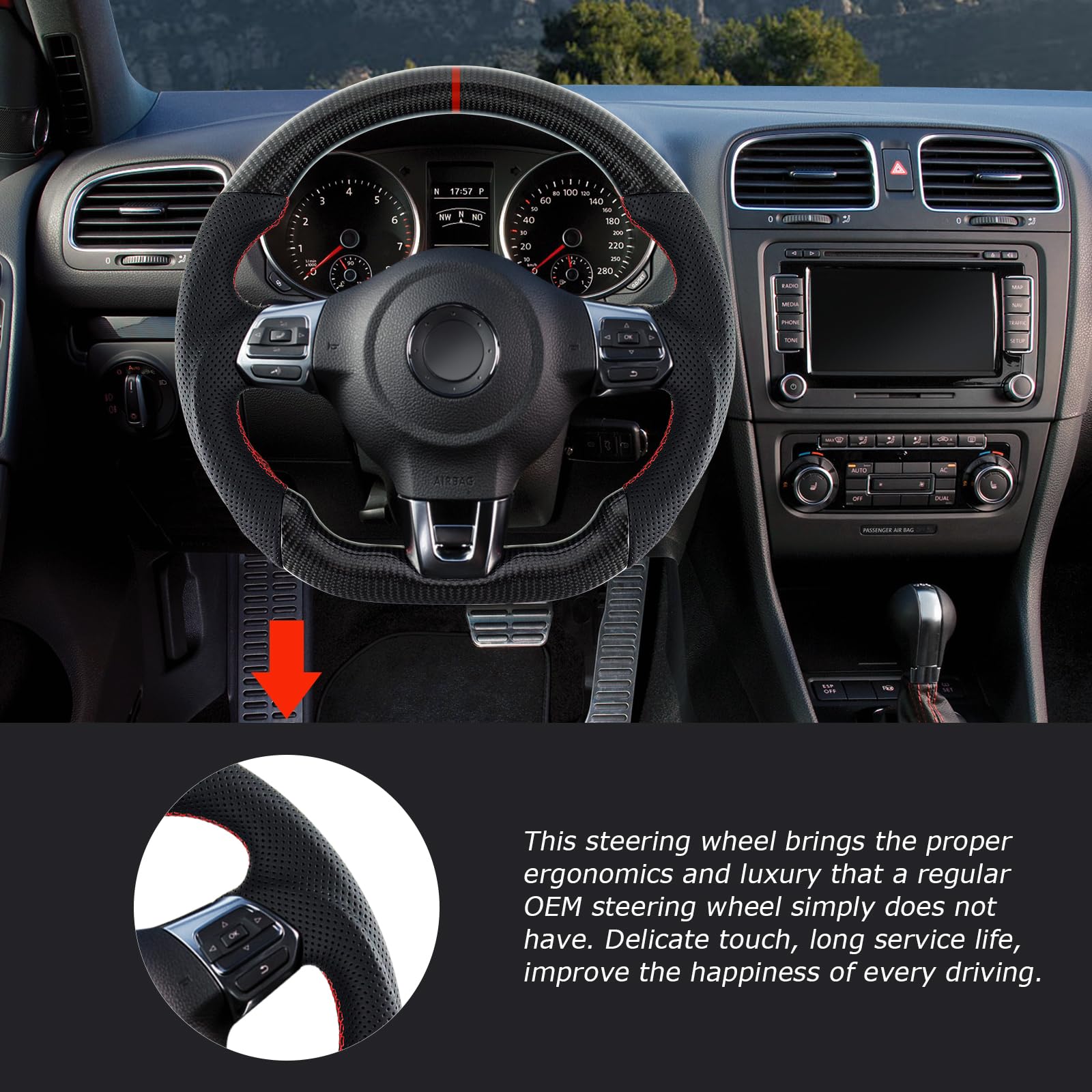 Acclcors Carbon Fiber Steering Wheel, D-Shaped Flat-Bottomed Steering Wheel with Red Stitching, Perforated Leather Grip for VW Volkswagen Golf MK6 2008-2014