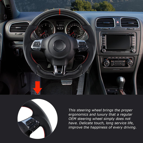 Acclcors Carbon Fiber Steering Wheel, D-Shaped Flat-Bottomed Steering Wheel with Red Stitching, Perforated Leather Grip for VW Volkswagen Golf MK6 2008-2014