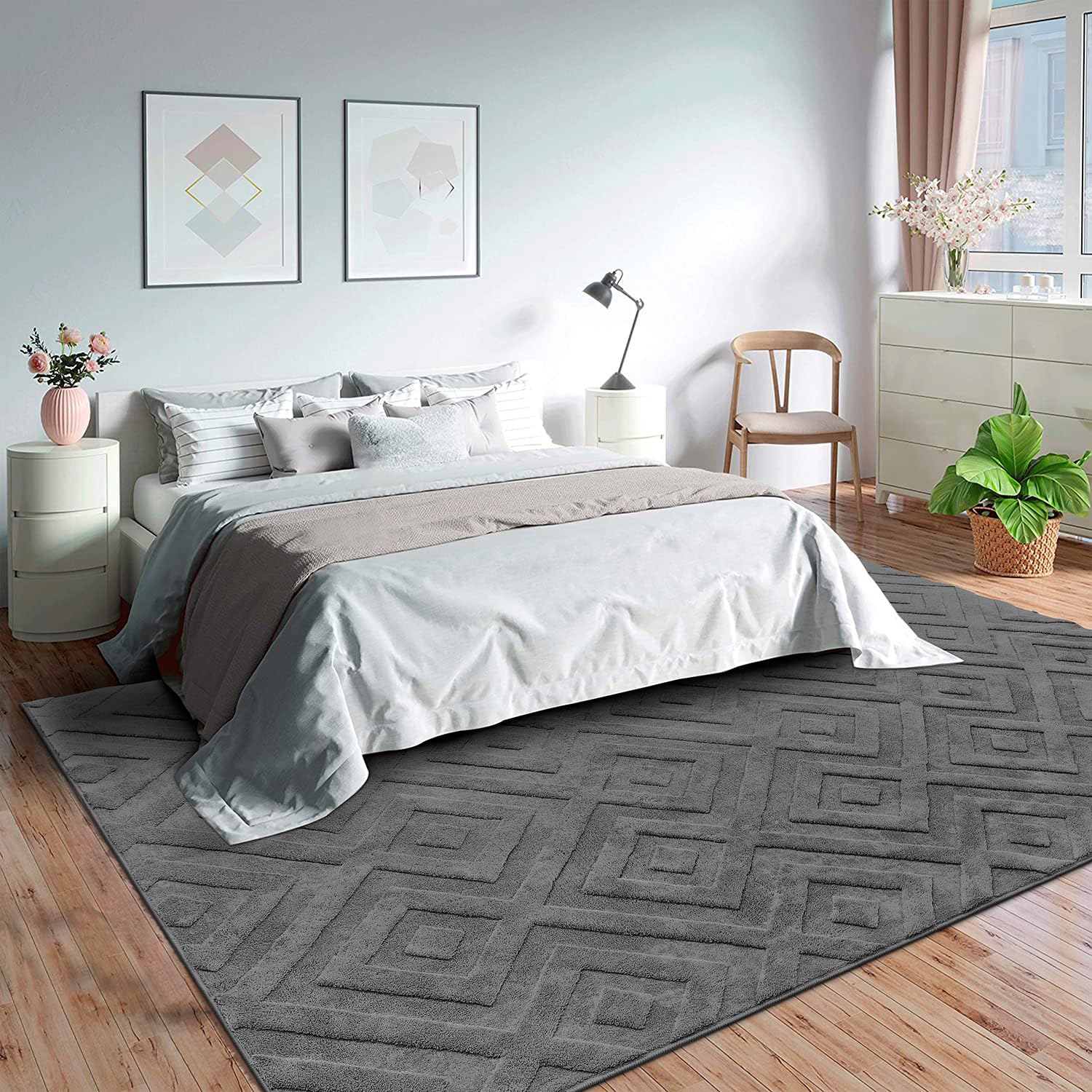 SHACOS Washable Rug for Living Room 160 x 230 cm Large Rug Modern Grey Area Rug for living room, Bedroom, Non-Slip Rug, Ultra Soft Shaggy Floor