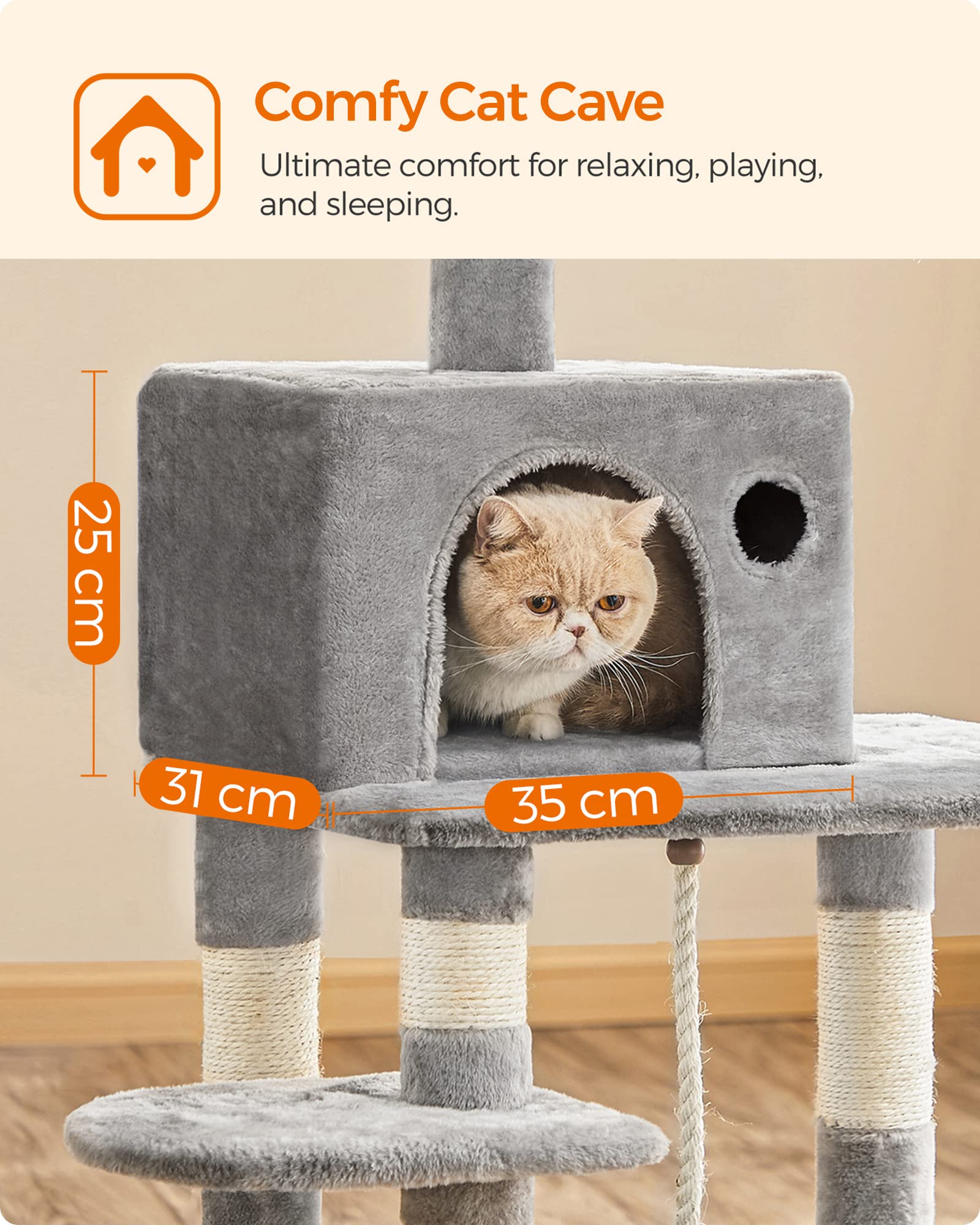 Feandrea Cat Tree, Stable Cat Tower, 2 Plush Perches, 143cm, Light Grey PCT15W