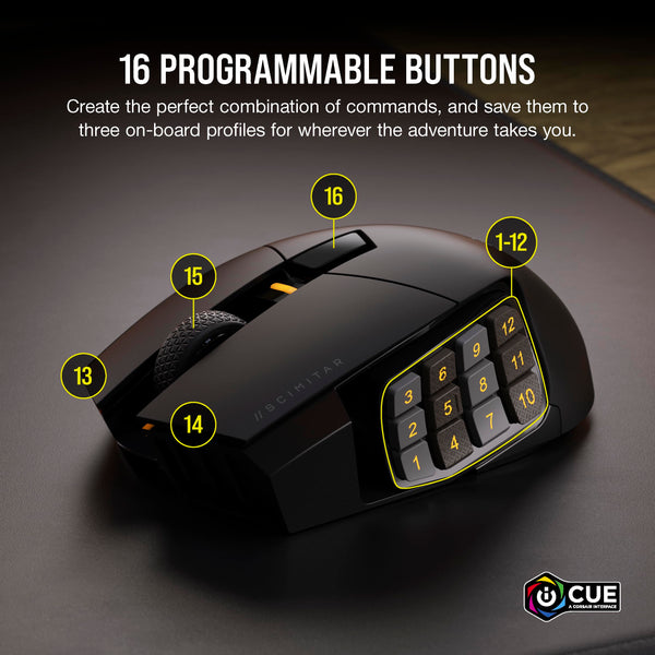 CORSAIR SCIMITAR ELITE WIRELESS MMO Gaming Mouse – 26,000 DPI – 16 Programmable Buttons – Up to 150hrs Battery – iCUE Compatible – PC, PS5, PS4, Xbox – Black