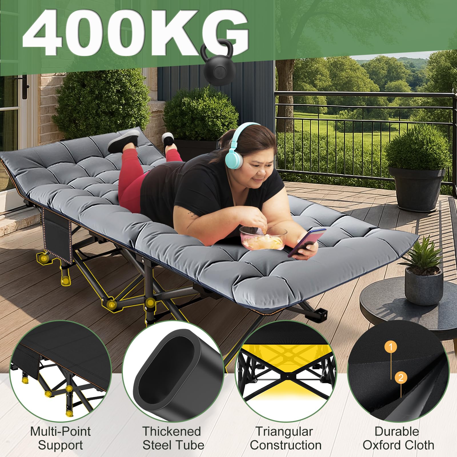 Meulbaty Oversized Folding Camp Bed with Mattress - 46cm Wide, 400KG Heavy Duty Steel Frame and Oxford Cloth, 198x81x46 cm Camping Cot, Great for Adults, Garden and Trip (XXL Black)