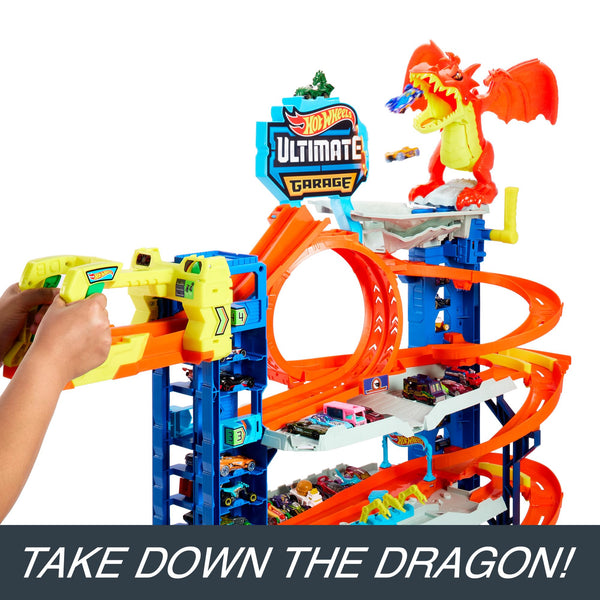 Hot Wheels Let's Race Netflix - City Ultimate Garage Playset with 2 Die-Cast Cars, Toy Storage for 50+ 1:64 Scale Cars, 4 Levels of Track Play, Defeat the Dragon, HKX48