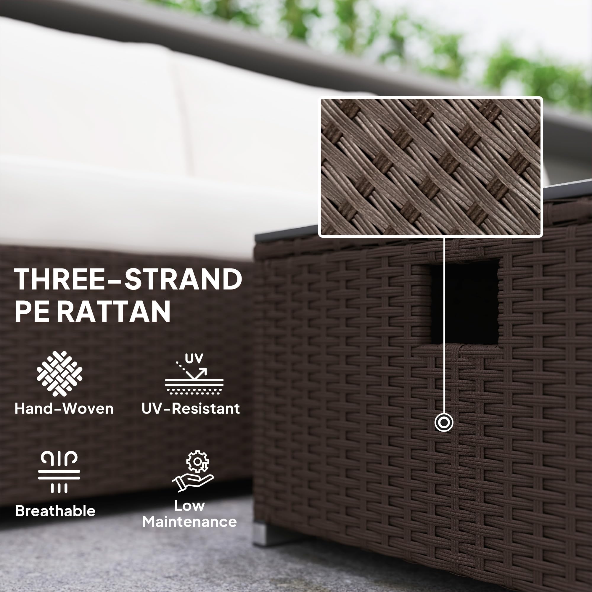 Outsunny 5 Piece Rattan Garden Furniture Set with Gas Fire Pit Table, 4 Seater Outdoor Sectional Sofa Set with Footstool and Removable Cushions, Modular Combination, Brown and Cream White