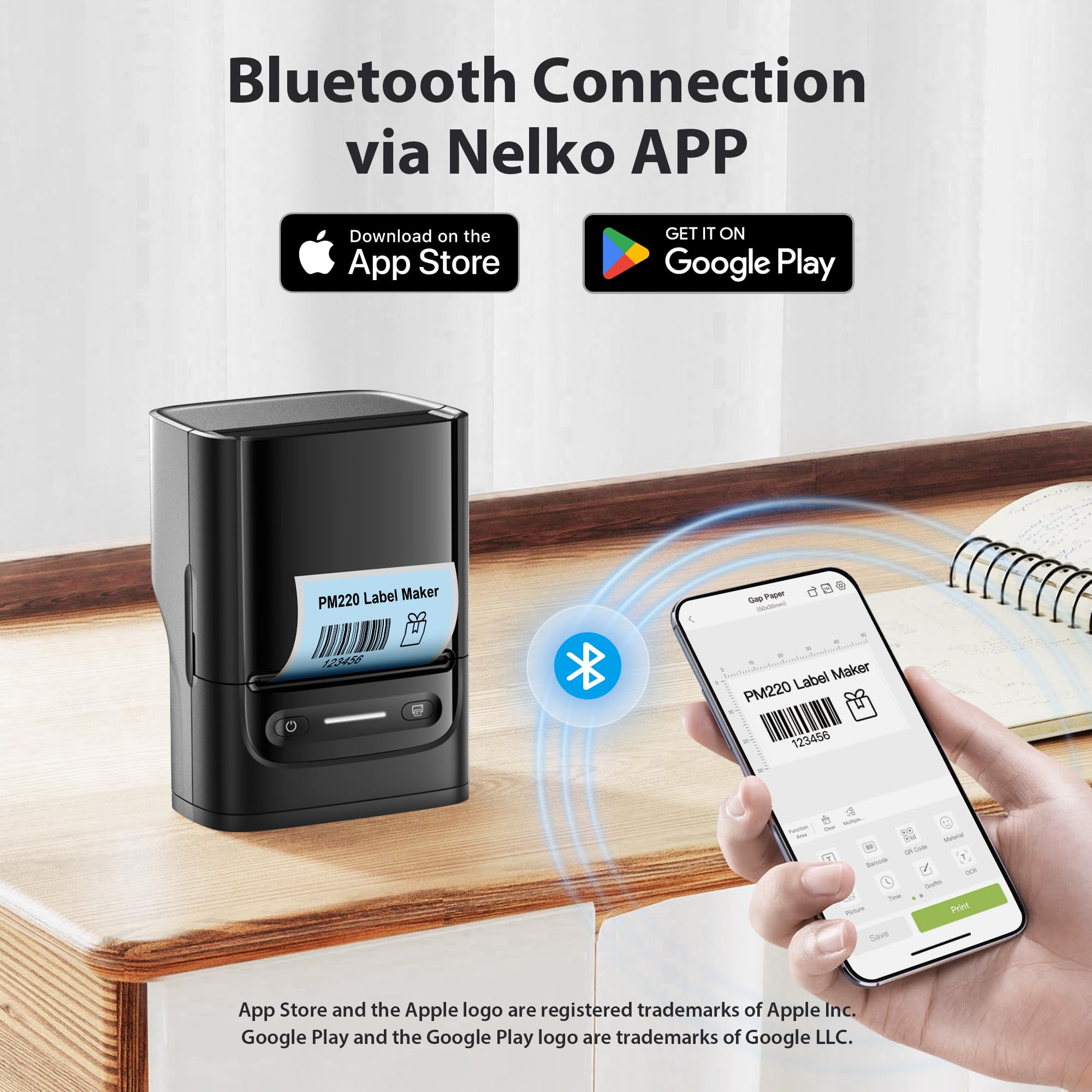 Nelko PM220 Bluetooth Thermal Label Printer, 2 Inch Portable Label Maker Machine for iOS & Android Phone, sticker printer for Clothing, Retail, Address, Barcode, Home, with 1 Roll 40x30mm（White）2 pack