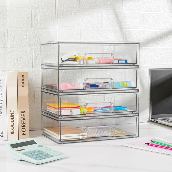 Vtopmart 4 pack Clear Stackable Storage Drawer, 4.4 Inch Tall Acrylic Bathroom Makeup Organiser, Plastic Storage box for Vanity, Under Sink, Kitchen Cupboard, Pantry, Home Organization