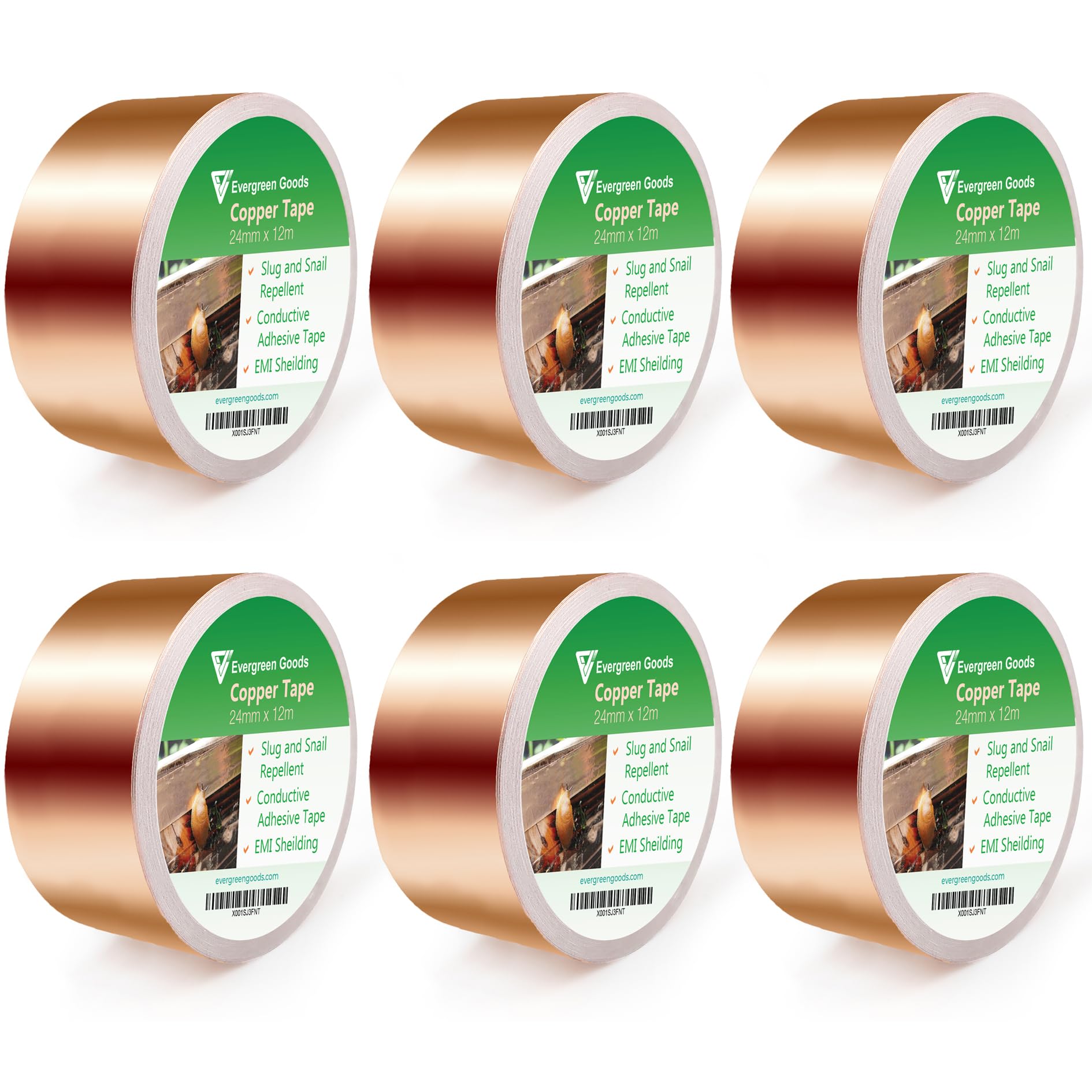 EVG 24mm x 12m Copper Slug Tape | Adhesive Copper Slug Snail Repellent | Slug Deterrent Barrier Tape | Humane Pest Control (6 Roll)