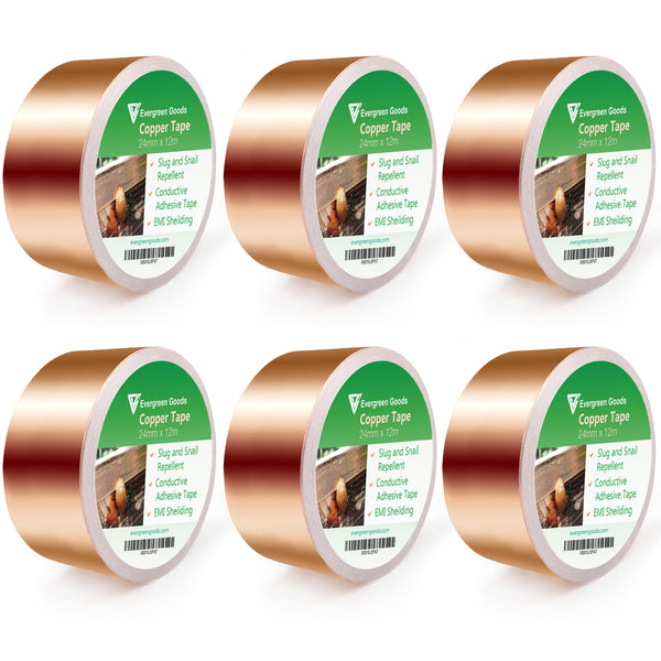 EVG 24mm x 12m Copper Slug Tape | Adhesive Copper Slug Snail Repellent | Slug Deterrent Barrier Tape | Humane Pest Control (6 Roll)