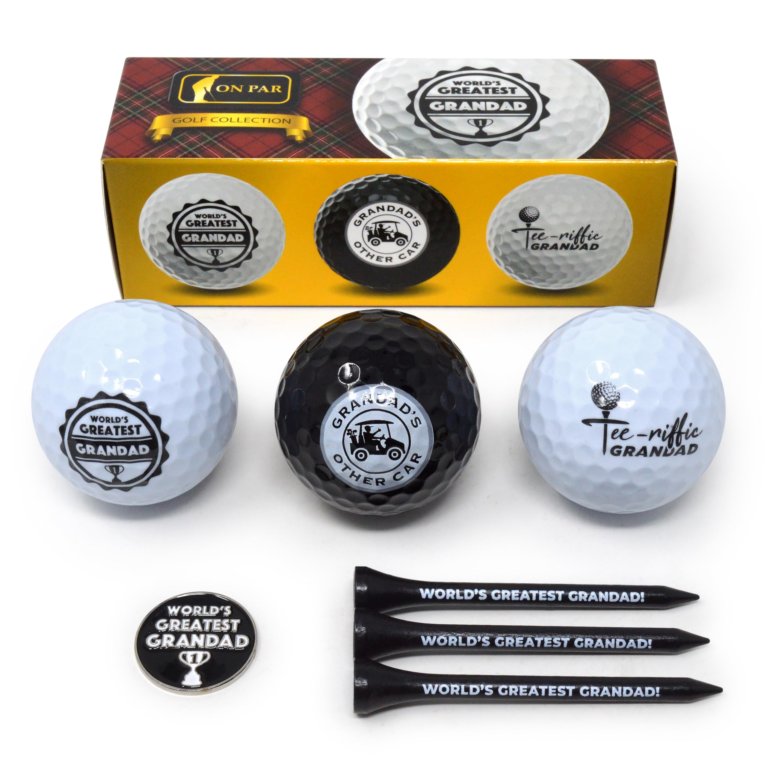 On Par Dad & Grandad Golf Balls Gift Pack - Includes Golf Tees, Ball Marker - Gag, Novelty Present - World's Best Dad, Golf Gifts for Men