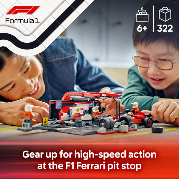 LEGO City F1 Pit Stop & Pit Crew with Ferrari Car Toy - Formula 1 Set incl. a Driver Minifigure, 4 Mechanics, Spare Tyres & Wheel Guns - Building Toys for 6+ Year Old Boys & Girls - 60443