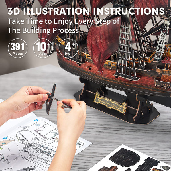 CubicFun LED Pirates of the Caribbean Flying Dutchman Model Kits for Adults to Build 3D Jigsaw Puzzles Ship Model Building Gifts for Adults Kids Girls Boys - 360 Pieces