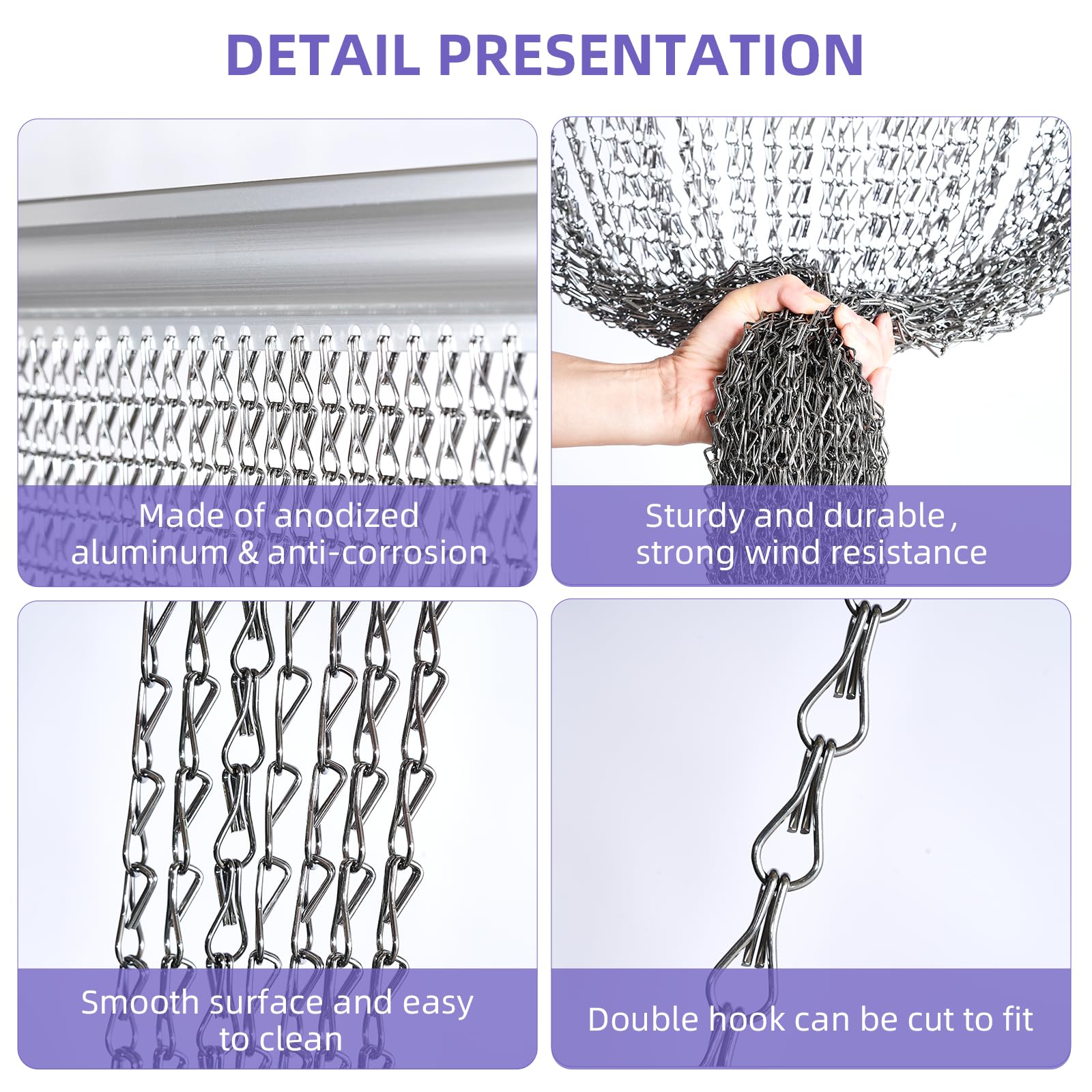 Gluwoer Aluminium Chain Curtain 100 x 210cm Metal Door Fly Screens Insect Control Curtain for Doorways (Grey)