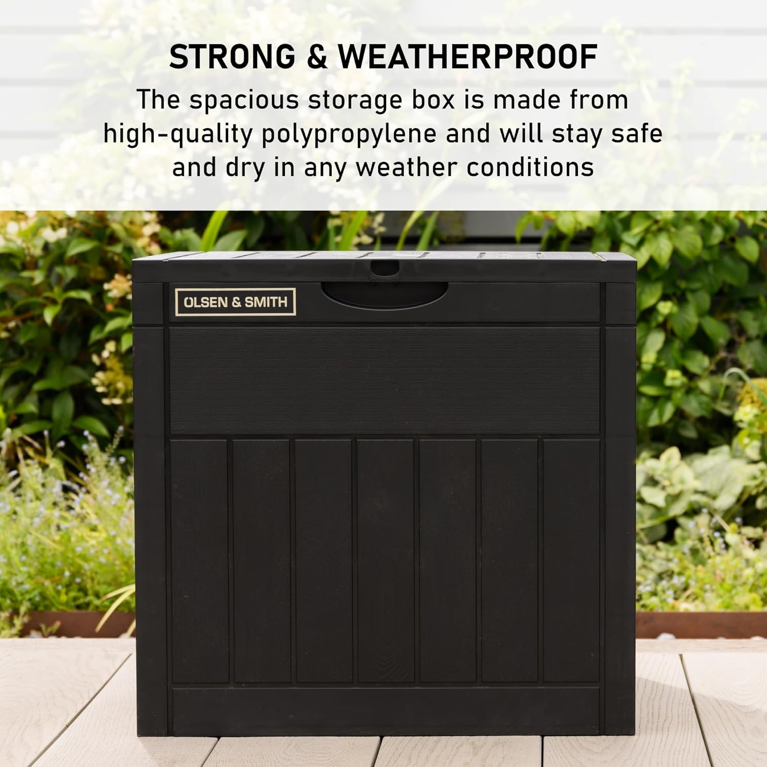 Olsen & Smith 126L Capacity Outdoor Garden Plastic Storage Box Small Balcony Furniture - Lockable with Padlock Lock, Weather Resistant, Wood Panel Look Shed Chest