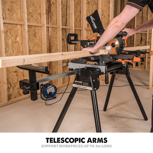 Evolution Power Tools EVOMS1 Mitre Saw Stand, Universal Compact Folding with Extending Support Arms, Fits Evolution, Makita, DeWalt, Bosch, Ryobi, Einhell and Metabo, Supports 150kg Weight & 3m Length