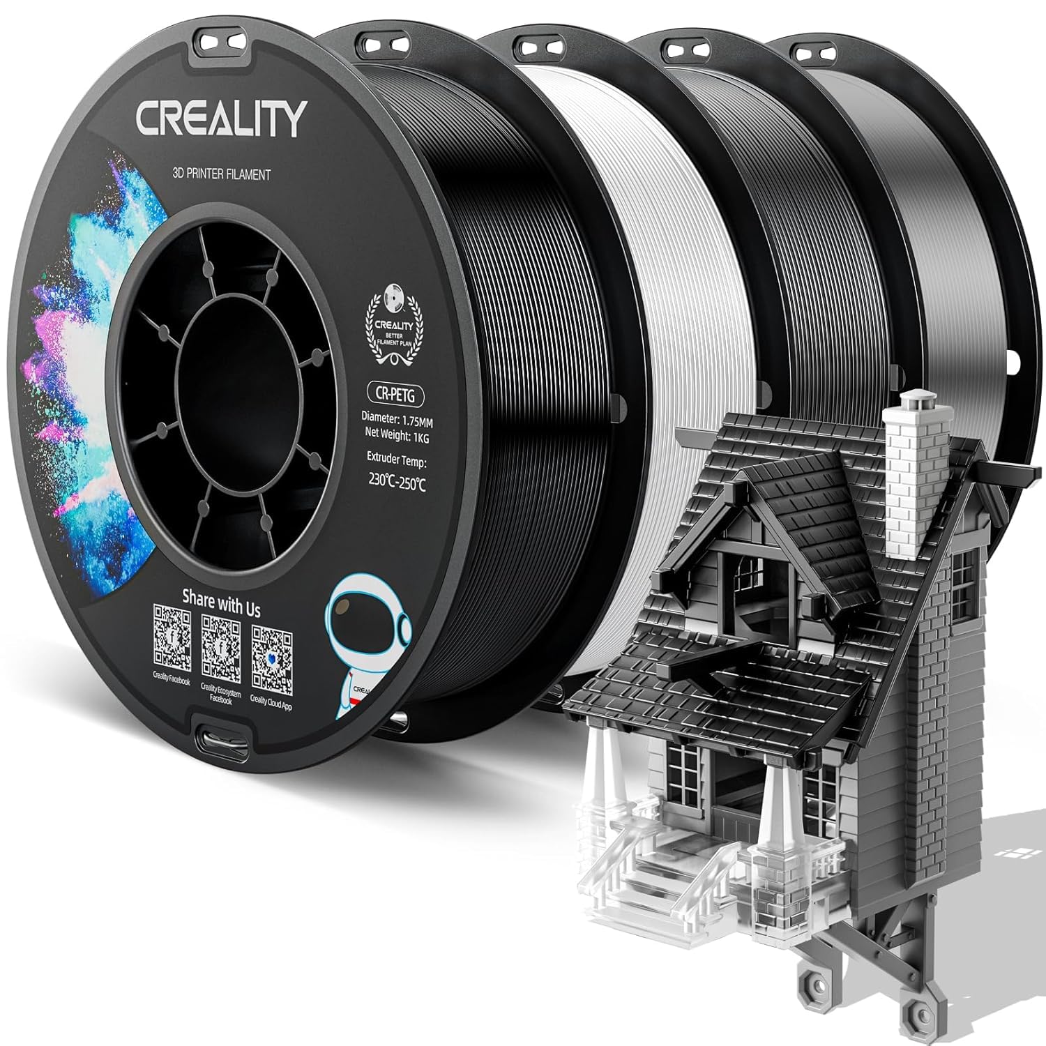 Creality CR-PETG PLA Filament 1.75mm 3D Printing Filament 4 KG, Excellent Toughness High Precision, Odorless Non-Toxic Moistureproof, 1kg(2.2lbs) Glossy for 3D Printer (Black+White+Red+Blue)*1KG