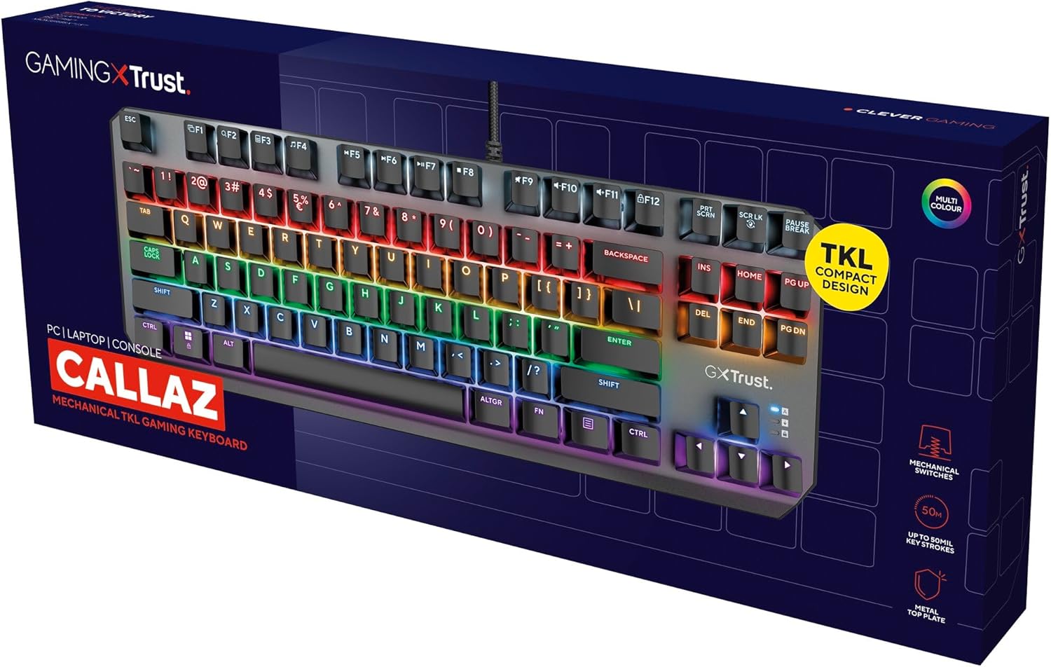 Trust Gaming GXT 834 Callaz TKL Mechanical Gaming Keyboard with UK Layout, Compact Tenkeyless Design (80%), Outemu Switches, Multicolour LED Lighting, USB Mechanical Keyboard for PC, Laptop, Mac