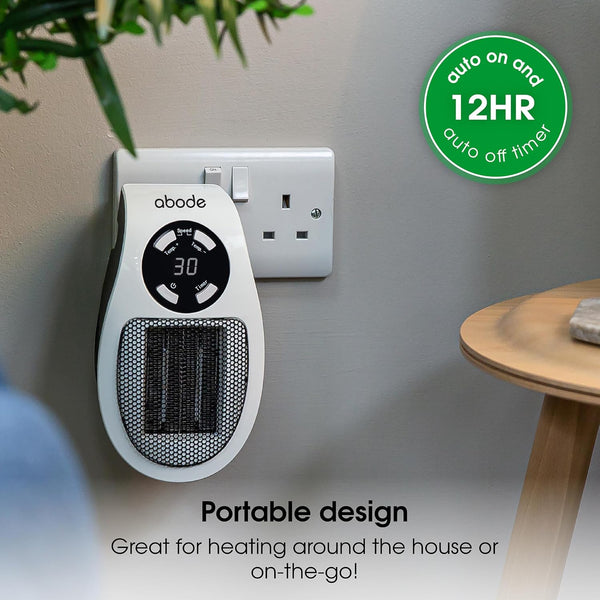 Abode 500W Compact Portable White Ceramic Plug in Heater with 2 Heat Settings & Overheat Protection, Electric Heater, LED Display, 12hr Auto Timer, 10m2 Room Size APH1001