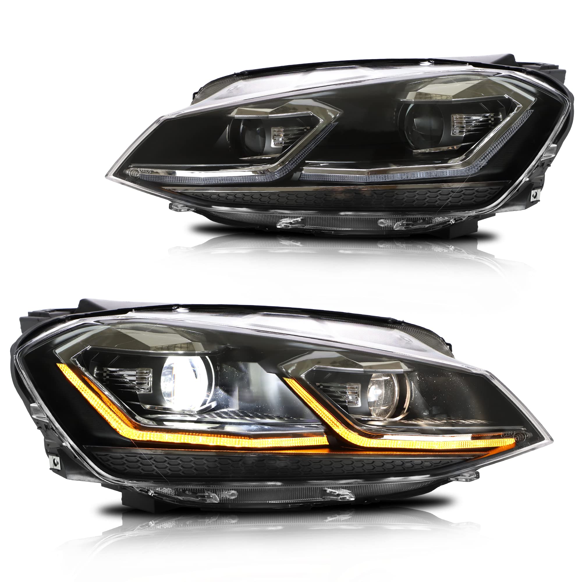 VLAND Headlights for GOLF 7 VII MK7 2012-2017 Front Lamps,with Sequential Indicator,Only Fit for Halogen Version (Sliver Stripe)