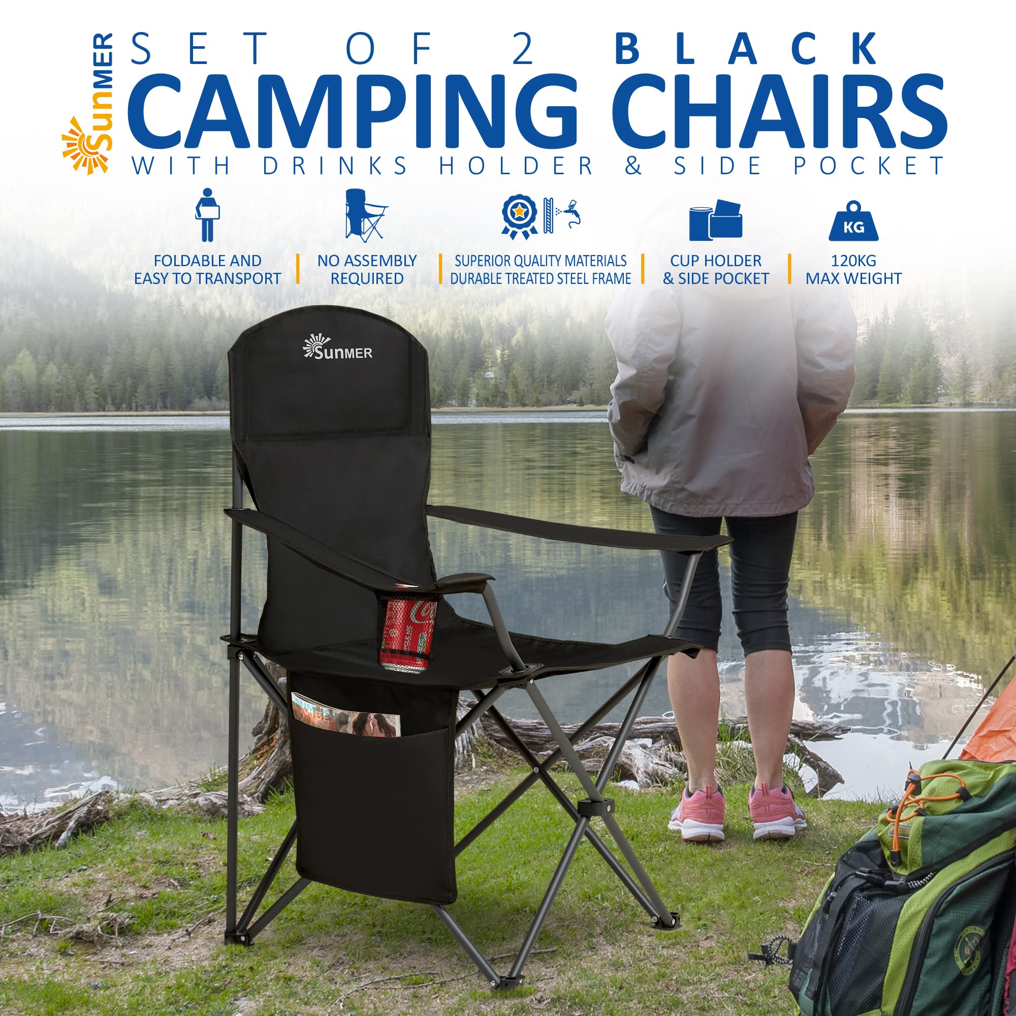 SUNMER Set of 2 Folding Camping Chairs, Extra-Wide Lightweight Outdoor Chairs with Armrests, Cup Holder and a Side Pocket, 120kg Capacity per Chair - Black