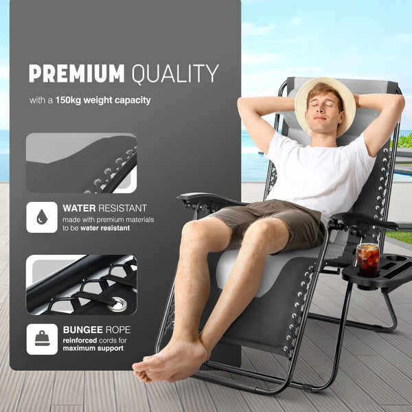KEPLIN Set of 2 XXL Premium Heavy Duty Padded Zero Gravity Chairs - Luxurious Garden Recliners, Adjustable Headrest, Cup & Phone Holder, Foldable, Easy to Clean Patio Sun Loungers(Black)