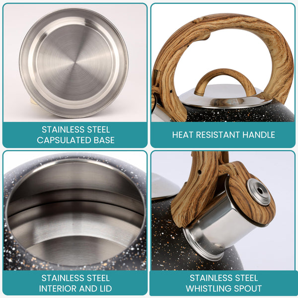 Belle Vous Black Whistling Kettle with Handle - Retro Style 3L Fast Boil Stovetop Tea Kettle - Food-Grade and Rustproof Stainless Steel - Suitable for