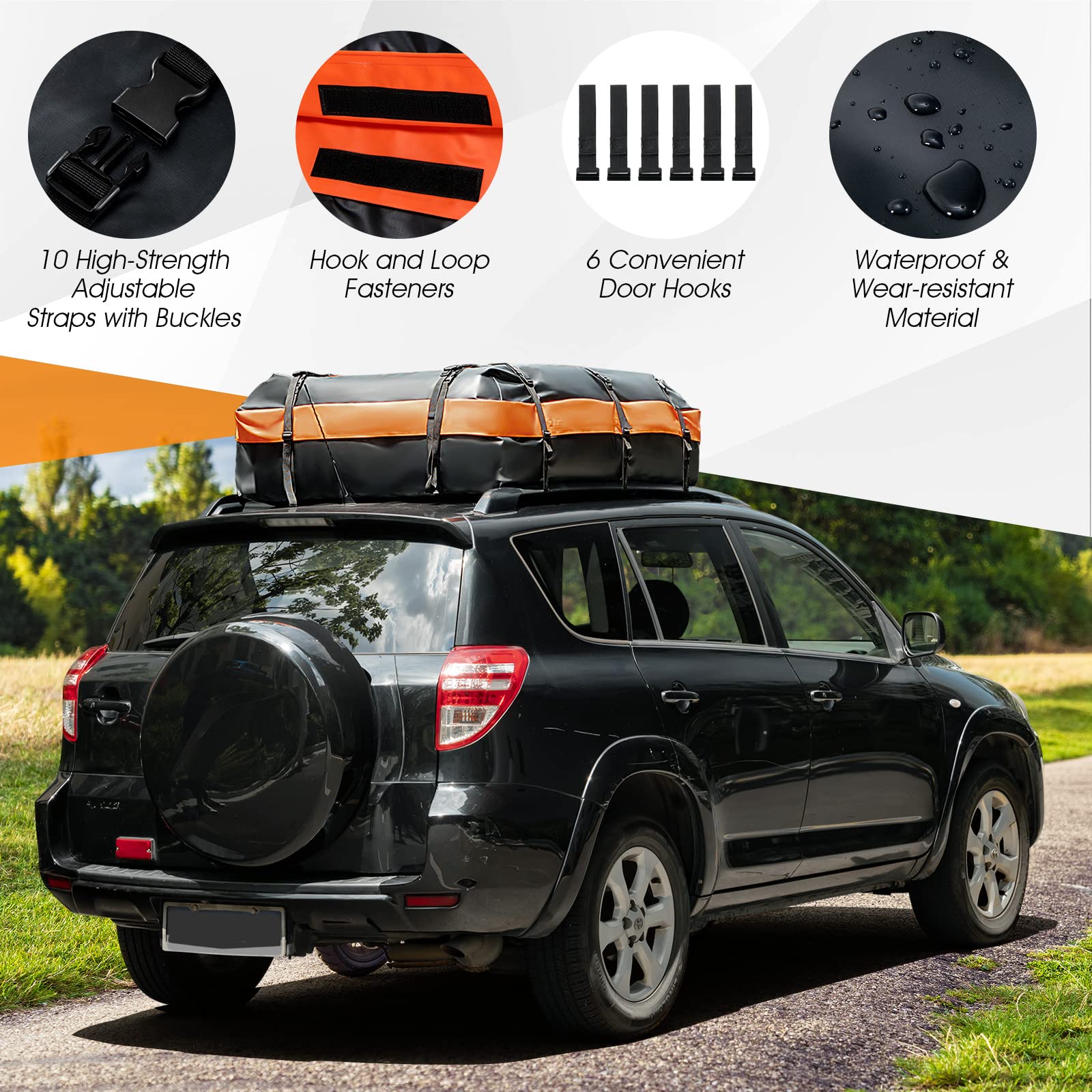 COSTWAY 15/21 Cubic Feet Car Roof Bag, 100% Waterproof Roofing Cargo Carrier with Anti-Slip Mat, Combination Lock & Straps, Rooftop Luggage Storage Box (Black, 21 Cubic Ft/600L)