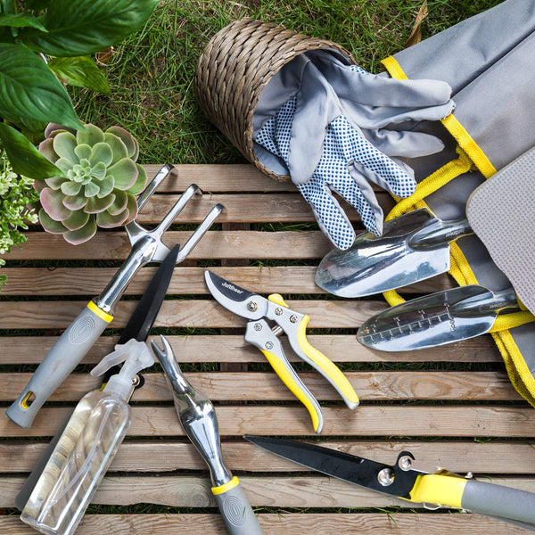 Jardineer 11Pcs Gardening Tools Set - Durable Hand Garden Tools, Knee Pad, Grass Shear, Tote Bag, Spray Bottle, Gardening Gifts for Mom Women Men