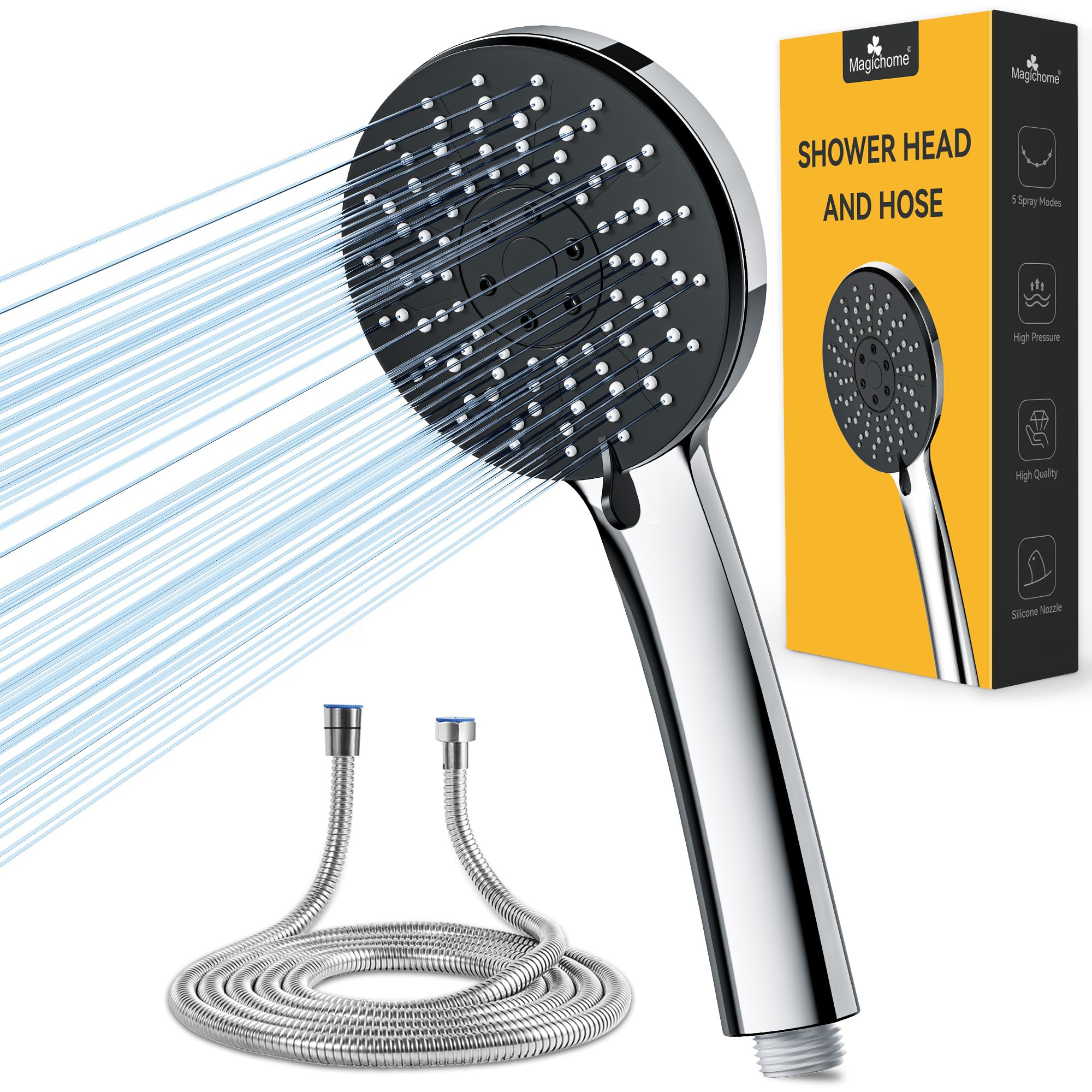 Magichome High Pressure Shower Head and Hose, 5 Spray Modes Shower Head with 1.5m Hose, Large Powerful Flow Handheld Showerhead for Low Water Pressure