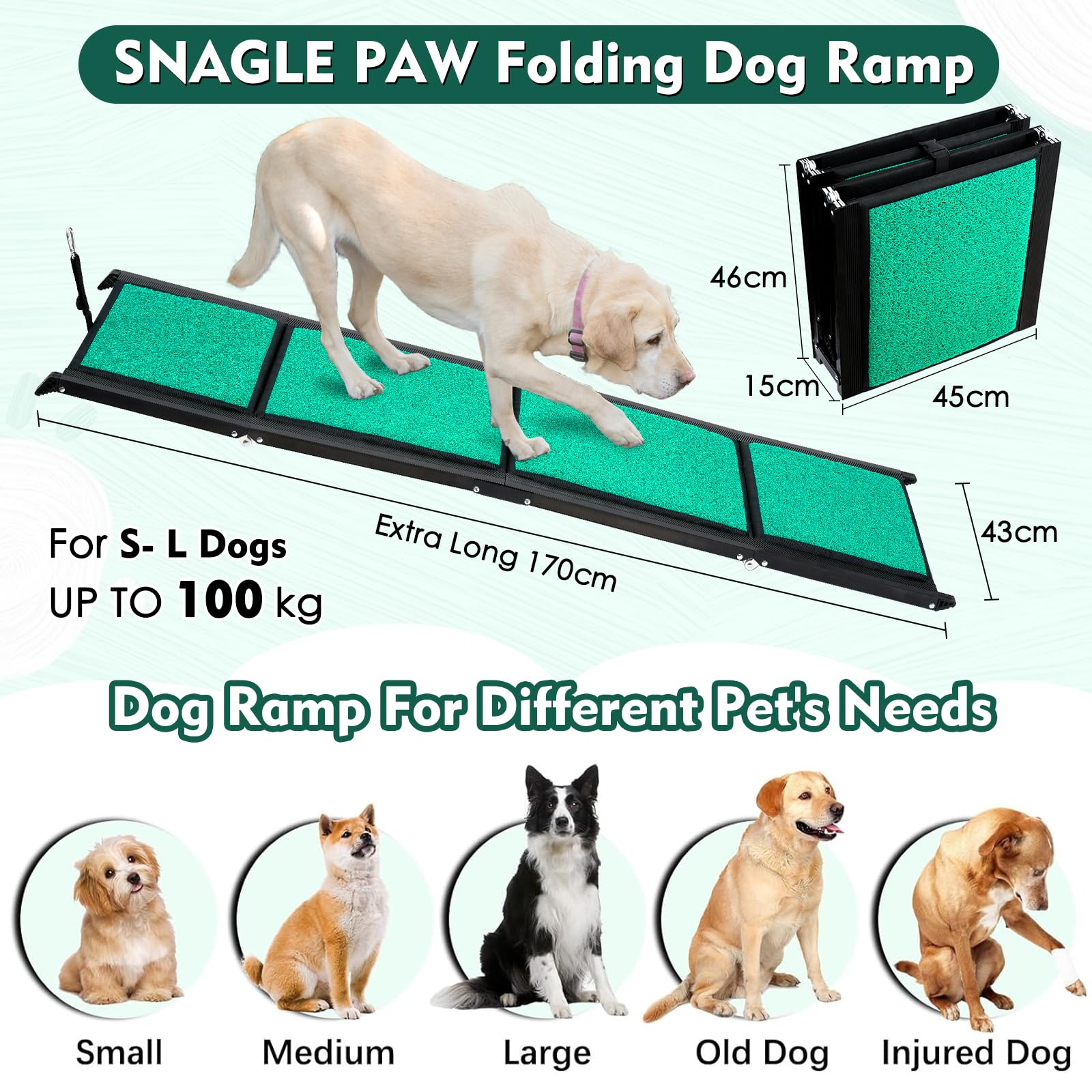 170cm Long Dog Ramp for Cars,43cm Wide Folding Dog Ramp for Large Dogs with High Traction Carpet Surface,Non-slip for Truck,SUV,Portable Pet Ramp Stairs for Medium Large Dog Up to 100kg
