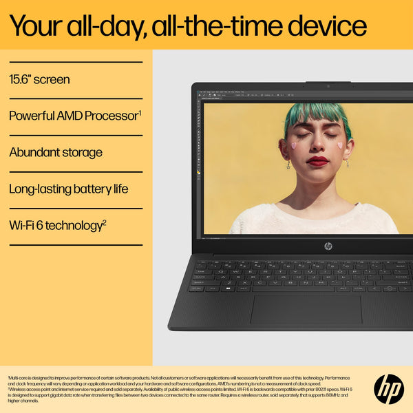 HP 15.6" Laptop | AMD Ryzen 3 7320U Processor | 8 GB RAM | 256 GB SSD | AMD Radeon Graphics | FHD Display | Up to 11hrs 15 mins battery | Win 11 | Dual Speakers | Jet Black | 15-fc0038sa