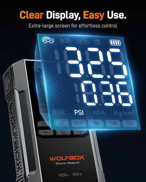 WOLFBOX 4000A Jump Starter Power Pack with 160PSI Air Compressor, 12V Car Battery Booster Jump Starter,65W Fast Charge, 24000mAh Portable Tire Inflator(10L Gas 10L Diesel Engines),LED Light,Jump Leads