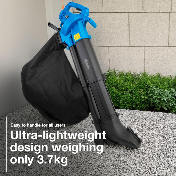 Hyundai Leaf Blower, Garden Vacuum & Mulcher with Large 45 Litre Collection Bag, 12m Cable, 62-170mph Variable Airspeed, Reaches Whole Garden & 3 Year Warranty, Blue