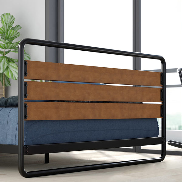 Zinus Therese Single Bed frame - Bed 90x190 cm - 20 cm Height - Metal and Wood Platform bed frame with wood slat support - Brown
